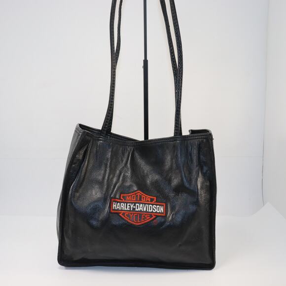 Harley-Davidson Black Leather Shoulder Tote Bag Logo Front - Picture 1 of 7